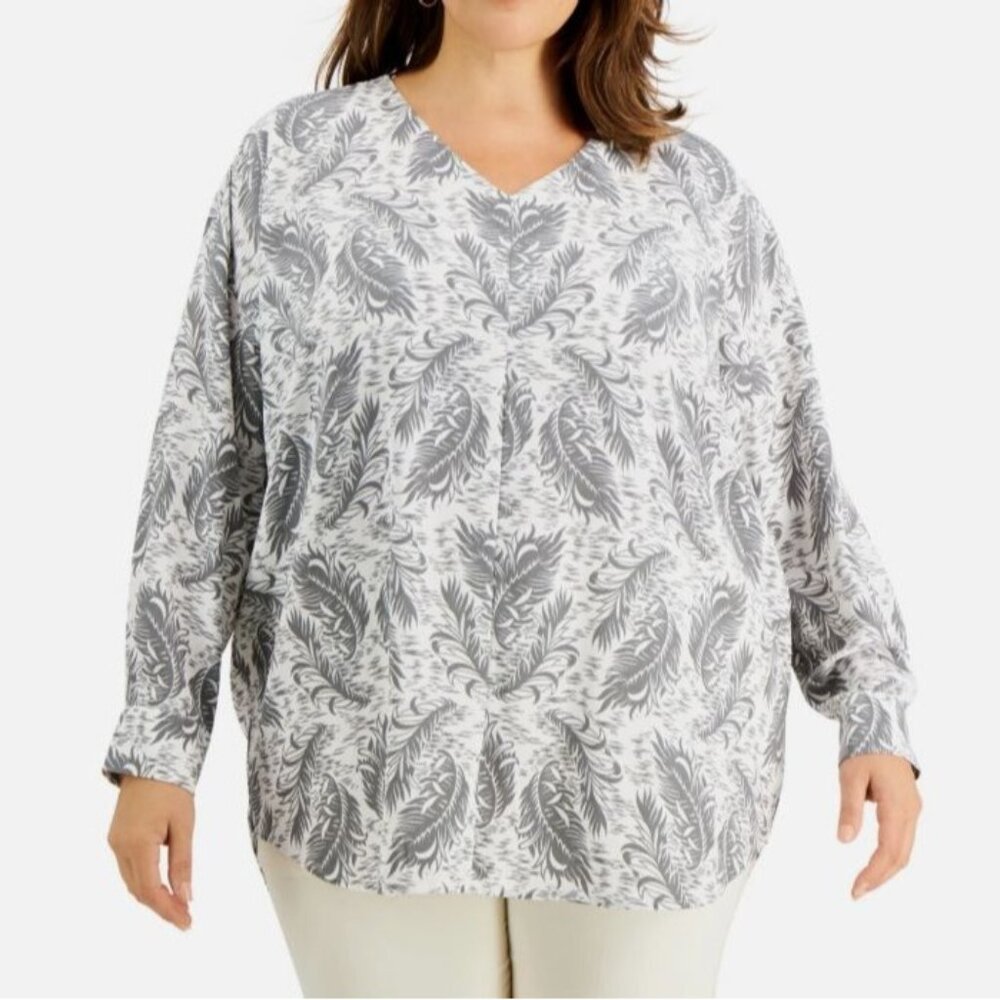 Alfani Long Sleeve‎ Tunic Top Womens 2X Gray White Feather Print